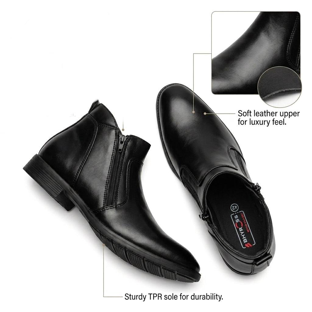 BHYROSS Men's Faux Leather Chelsea Boots | High-Top Formal Dress Shoes with Premium Side Zipper and Durable TPR Sole